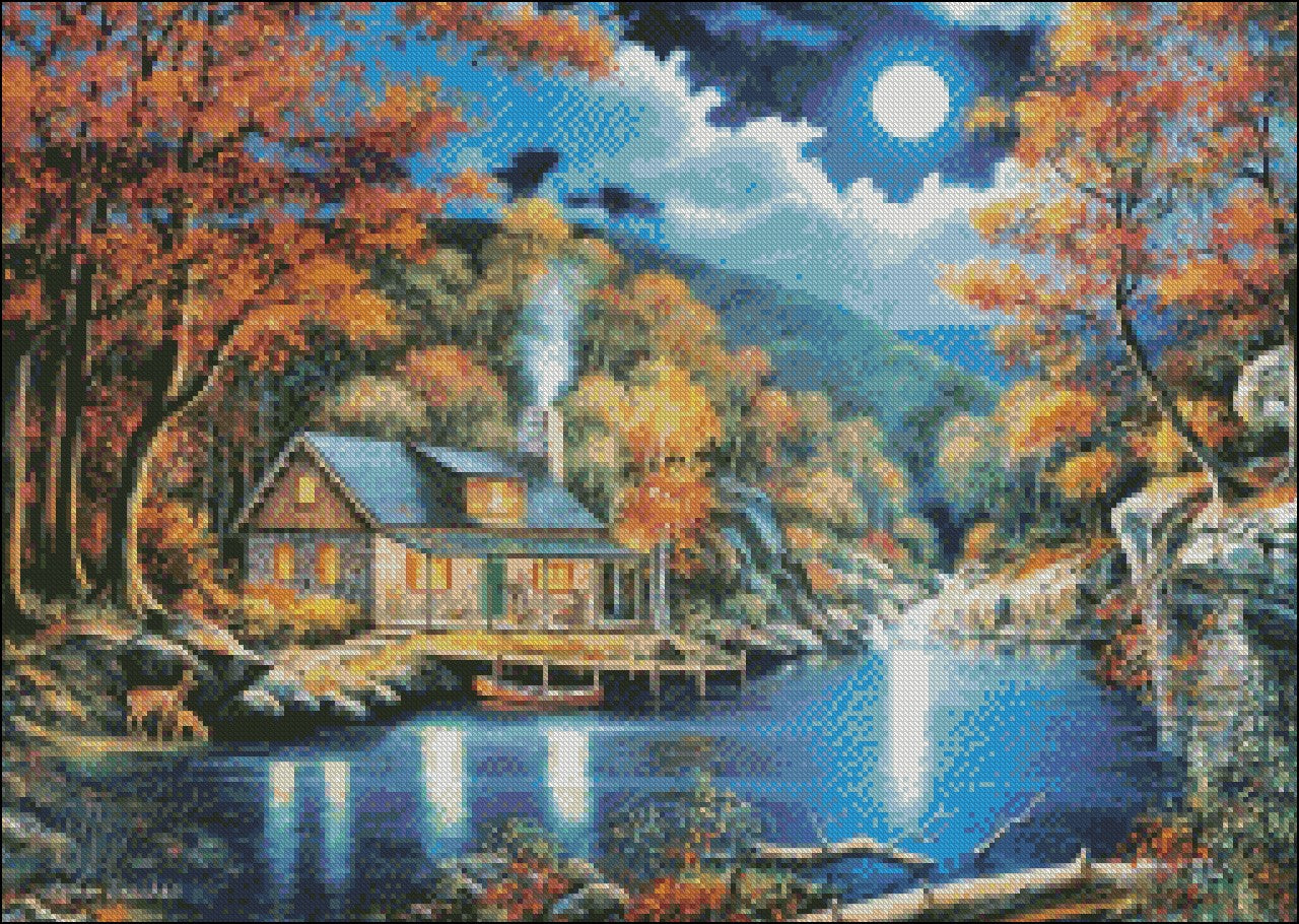 Moonlit Cabin - Counted Cross Stitch Patterns Embroidery Crafts Needlework DIY Chart DMC Color