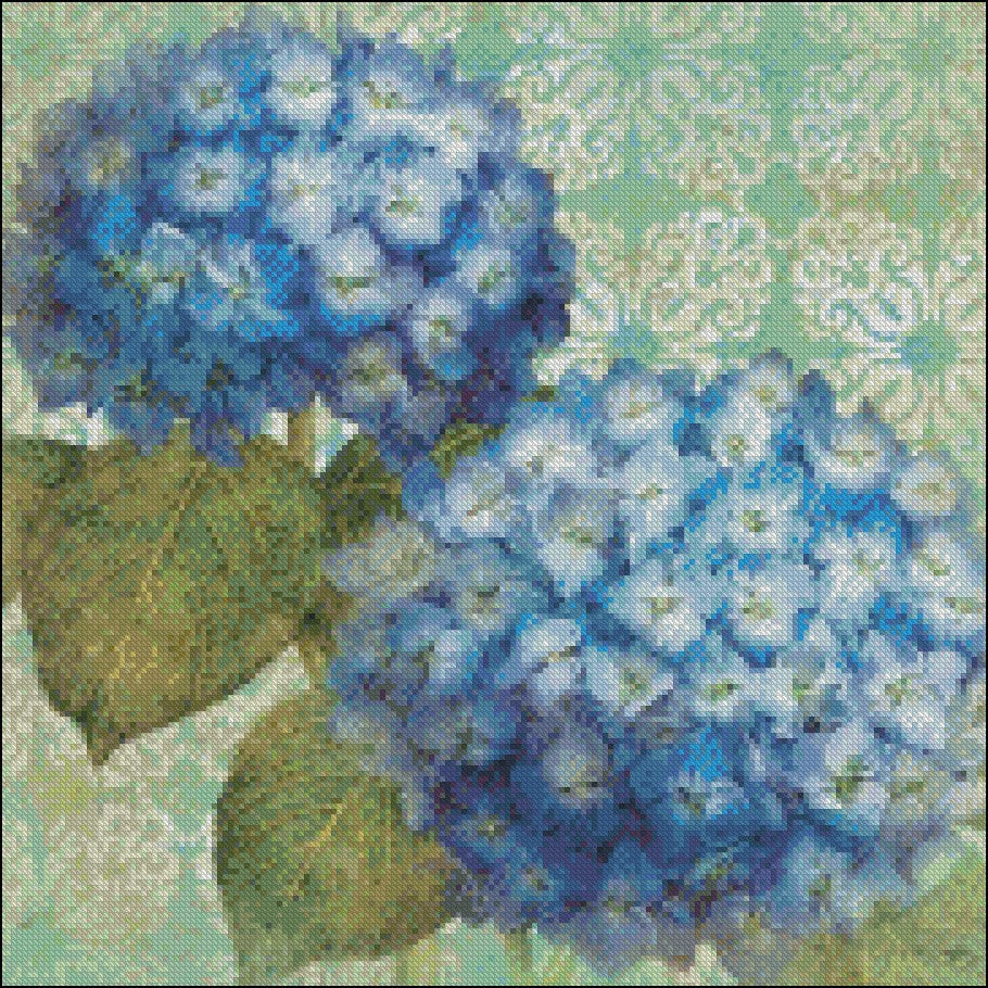 Blue Hydrangeas - Counted Cross Stitch Patterns Embroidery Crafts Needlework DIY Chart DMC Color