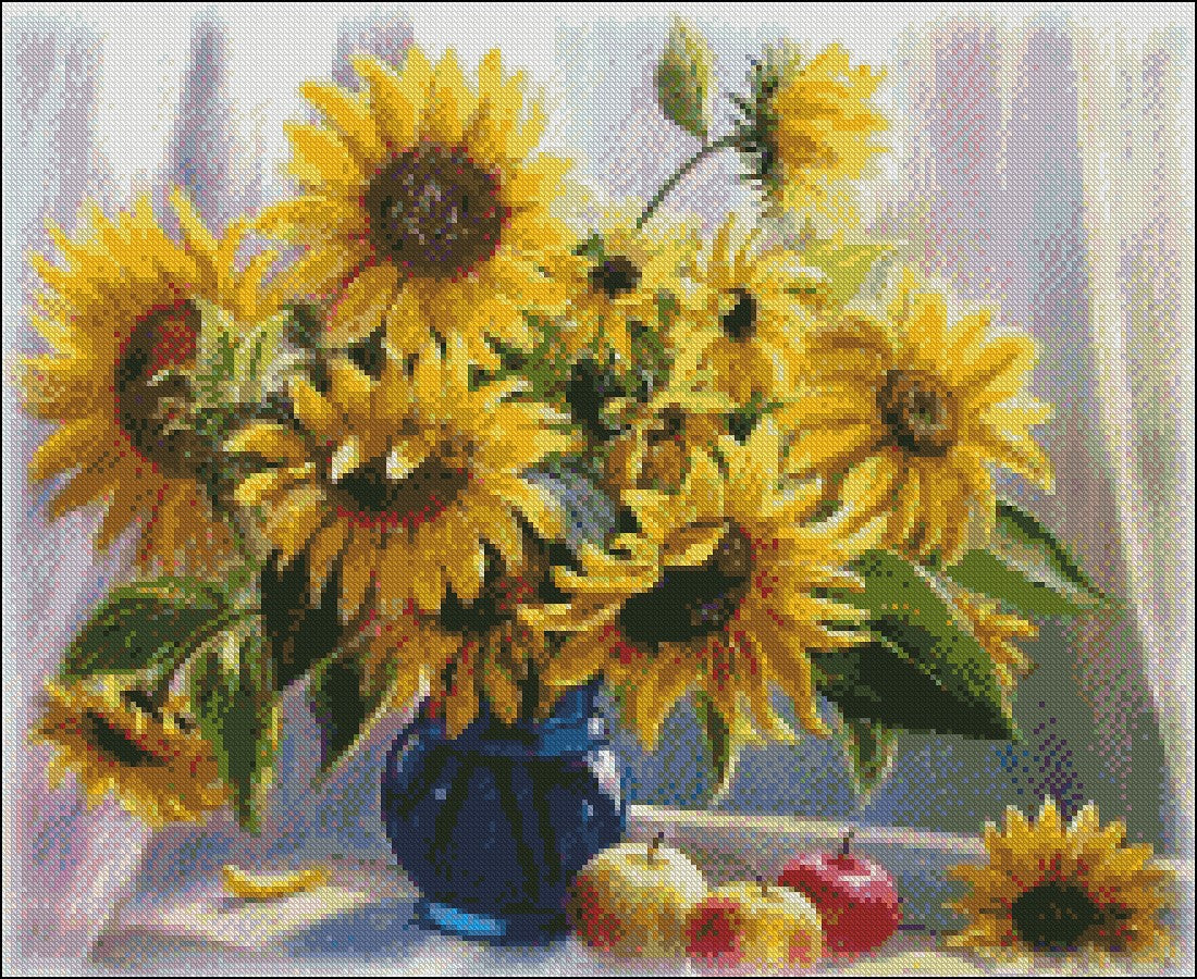 Sunflowers on the windowsill - Counted Cross Stitch Patterns Embroidery Crafts Needlework DIY Chart DMC Color