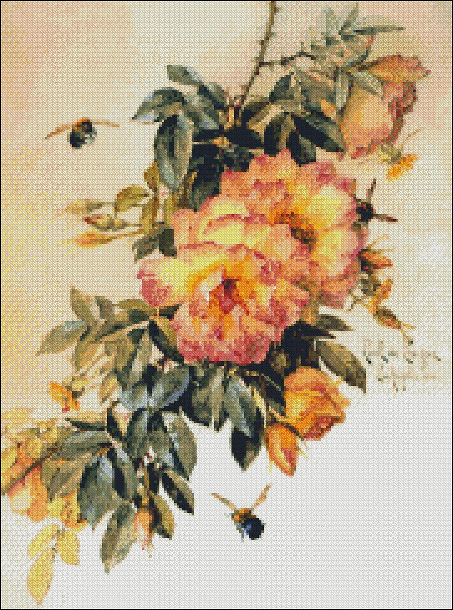 Roses and Bumblebees II - Counted Cross Stitch Patterns Embroidery Crafts Needlework DIY Chart DMC Color