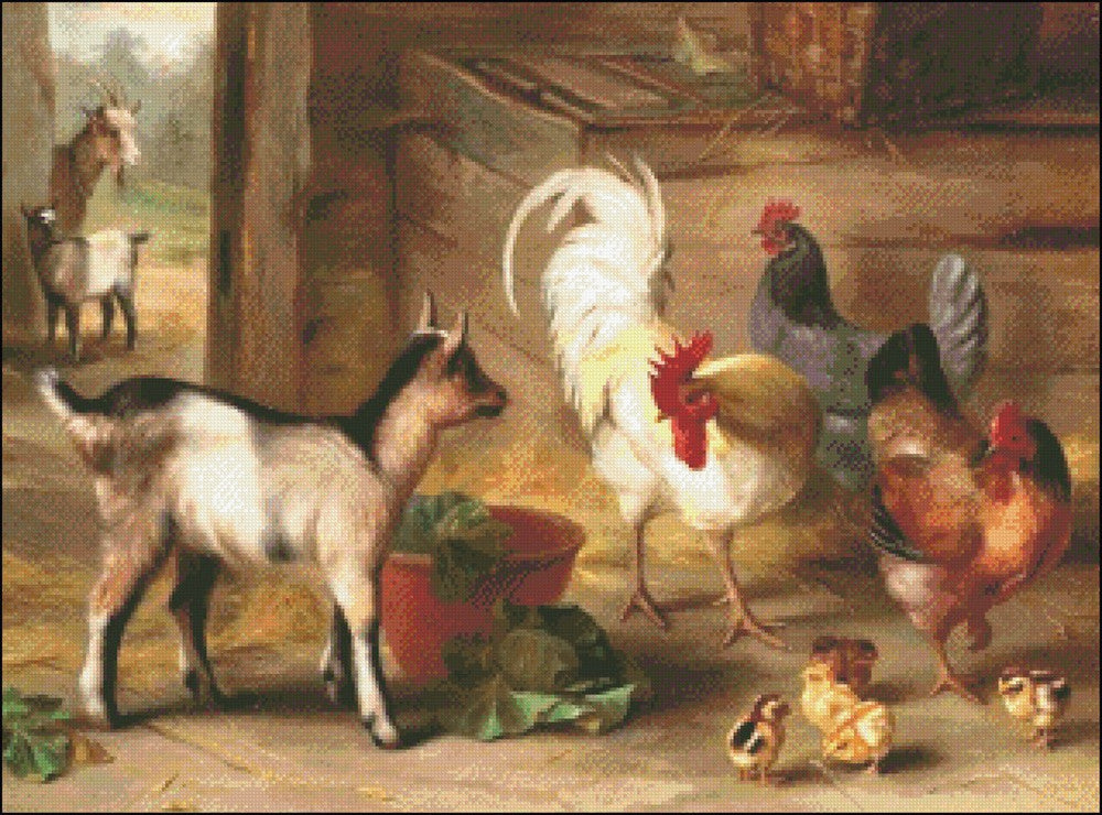 Goats, Chickens and Chicks in a Barn - Counted Cross Stitch Patterns Embroidery Crafts Needlework DIY Chart DMC Color