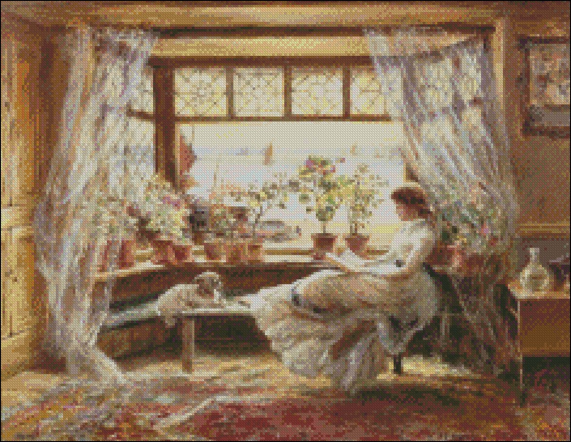 Reading by the Window - Counted Cross Stitch Patterns Embroidery Crafts Needlework DIY Chart DMC Color