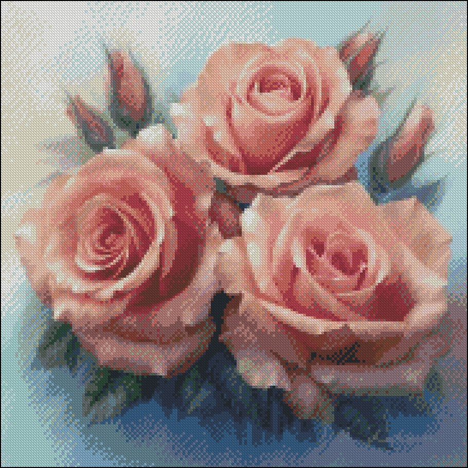 Pink Roses 3 - Counted Cross Stitch Patterns Embroidery Crafts Needlework DIY Chart DMC Color