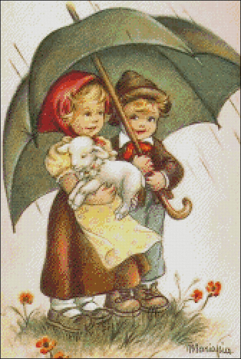 Boy and Girl with Little Lamb - Counted Cross Stitch Patterns Embroidery Crafts Needlework DIY Chart DMC Color