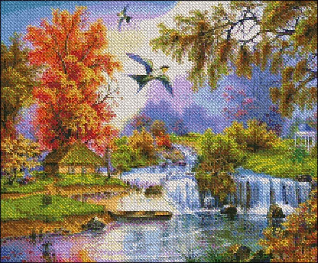 Spring Waterfall - Counted Cross Stitch Patterns Embroidery Crafts Needlework DIY Chart DMC Color