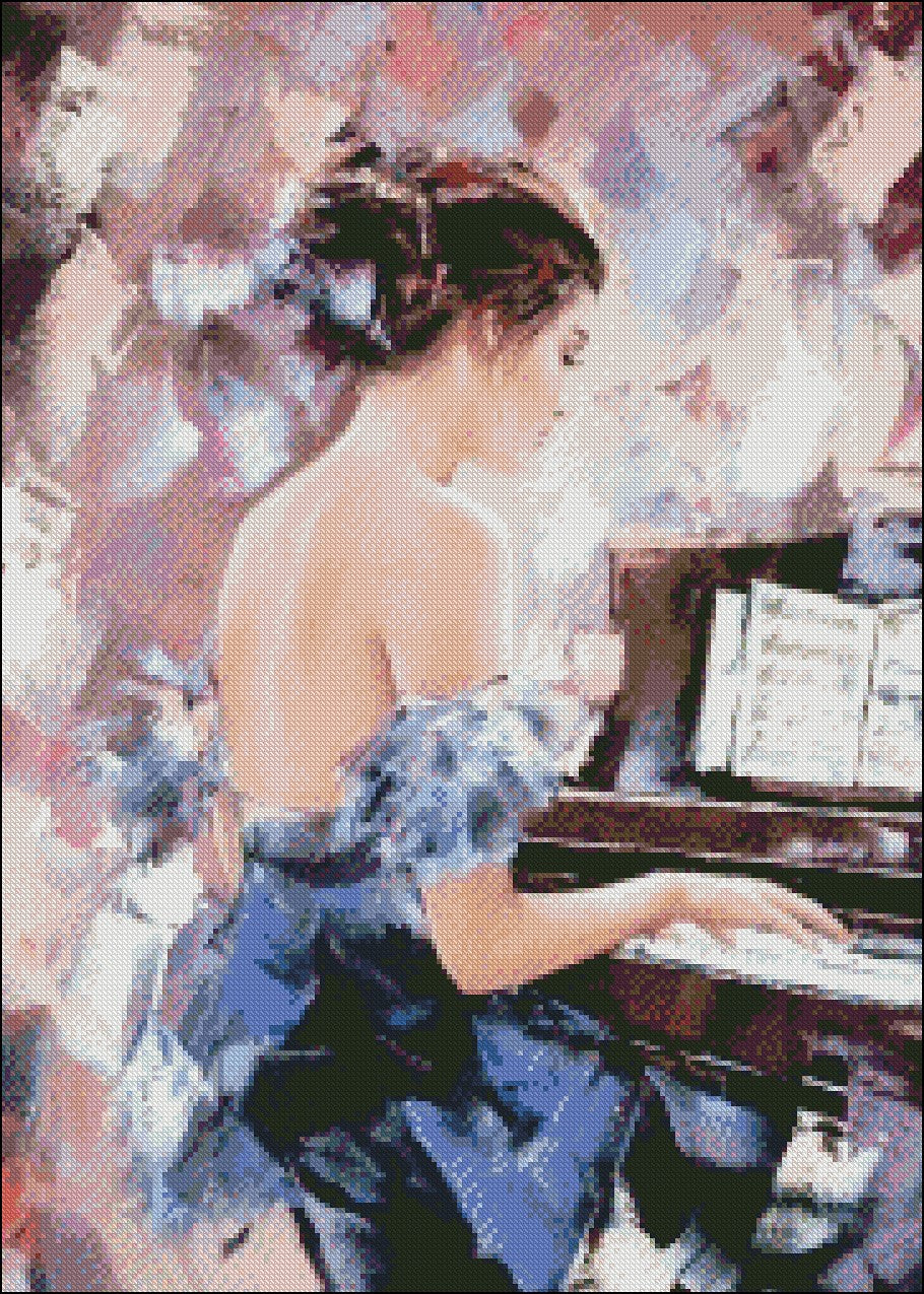 Girl playing the Piano - Counted Cross Stitch Patterns Embroidery Crafts Needlework DIY Chart DMC Color