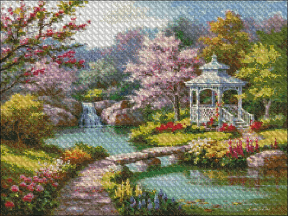 Gazebo in Spring Park - Counted Cross Stitch Patterns Embroidery Crafts Needlework DIY Chart DMC Color