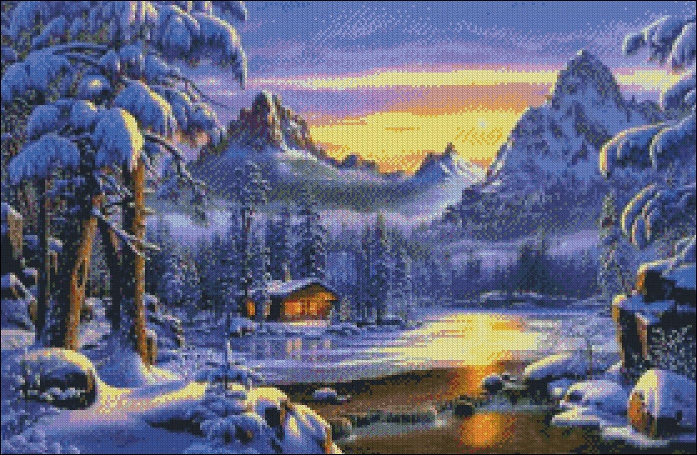 Evening on Mountain Lake - Counted Cross Stitch Patterns Embroidery Crafts Needlework DIY Chart DMC Color