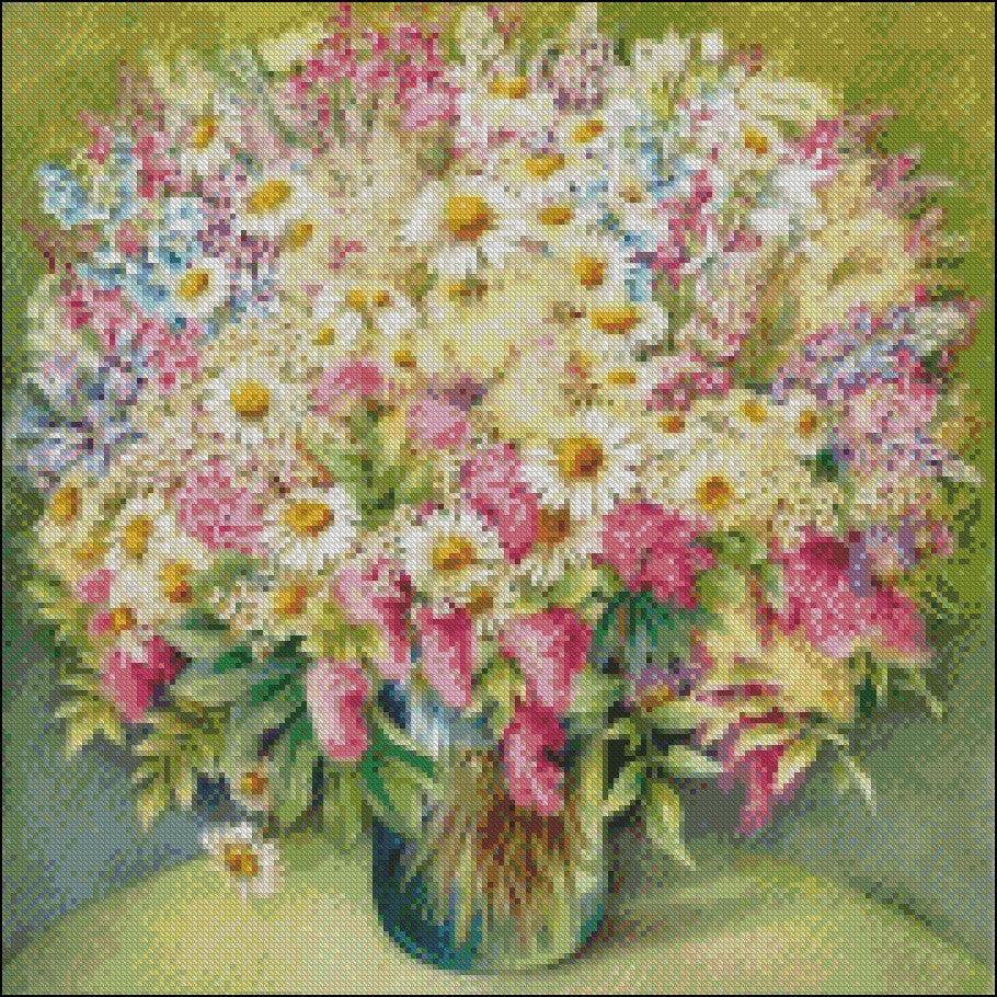 Blooming Flowers in Vase I - Counted Cross Stitch Patterns Embroidery Crafts Needlework DIY Chart DMC Color