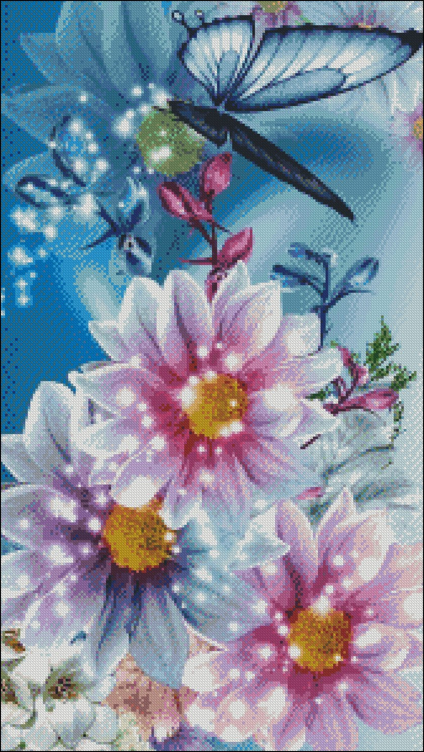 Shiny Flowers and Butterfly - Counted Cross Stitch Patterns Embroidery Crafts Needlework DIY Chart DMC Color