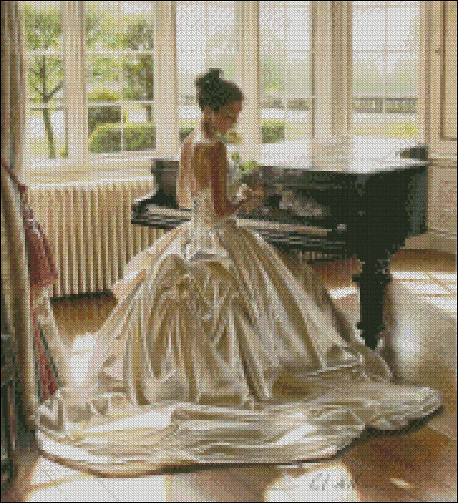 Piano and Gorgeous Dress 2 - Counted Cross Stitch Patterns Embroidery Crafts Needlework DIY Chart DMC Color