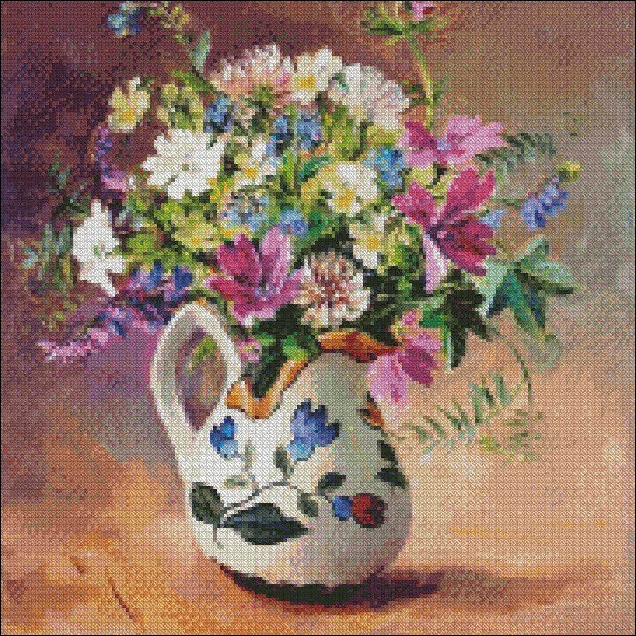 Summer Flowers in Vase 1 - Counted Cross Stitch Patterns Embroidery Crafts Needlework DIY Chart DMC Color