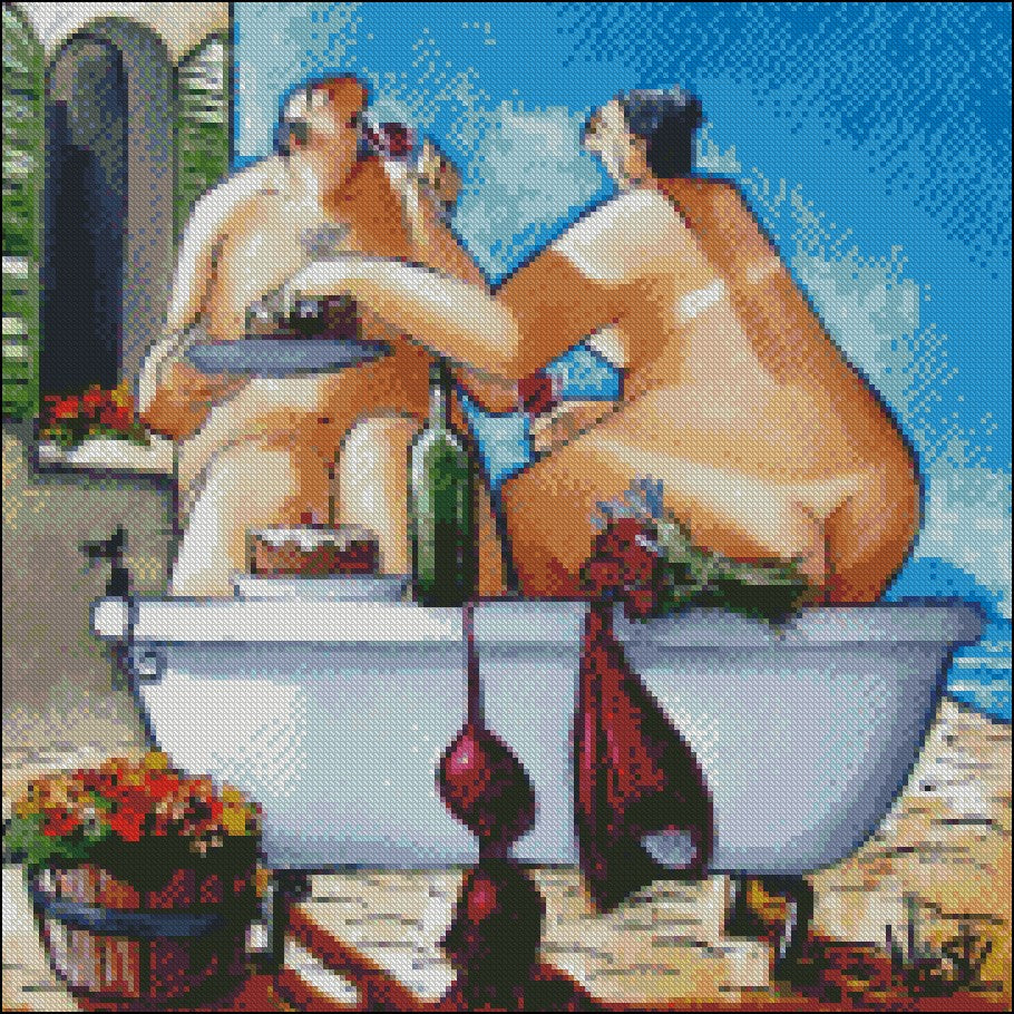 Couple Bathing - Counted Cross Stitch Patterns Embroidery Crafts Needlework DIY Chart DMC Color