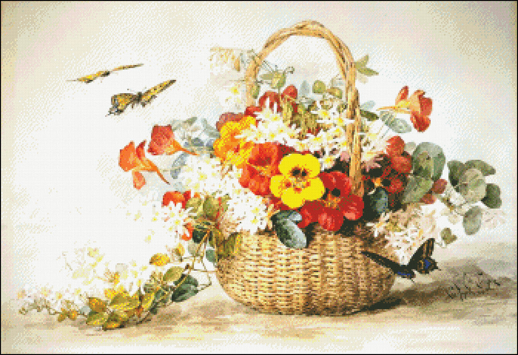 Nasturtiums, Jasmine and Butterflies - Counted Cross Stitch Patterns Embroidery Crafts Needlework DIY Chart DMC Color