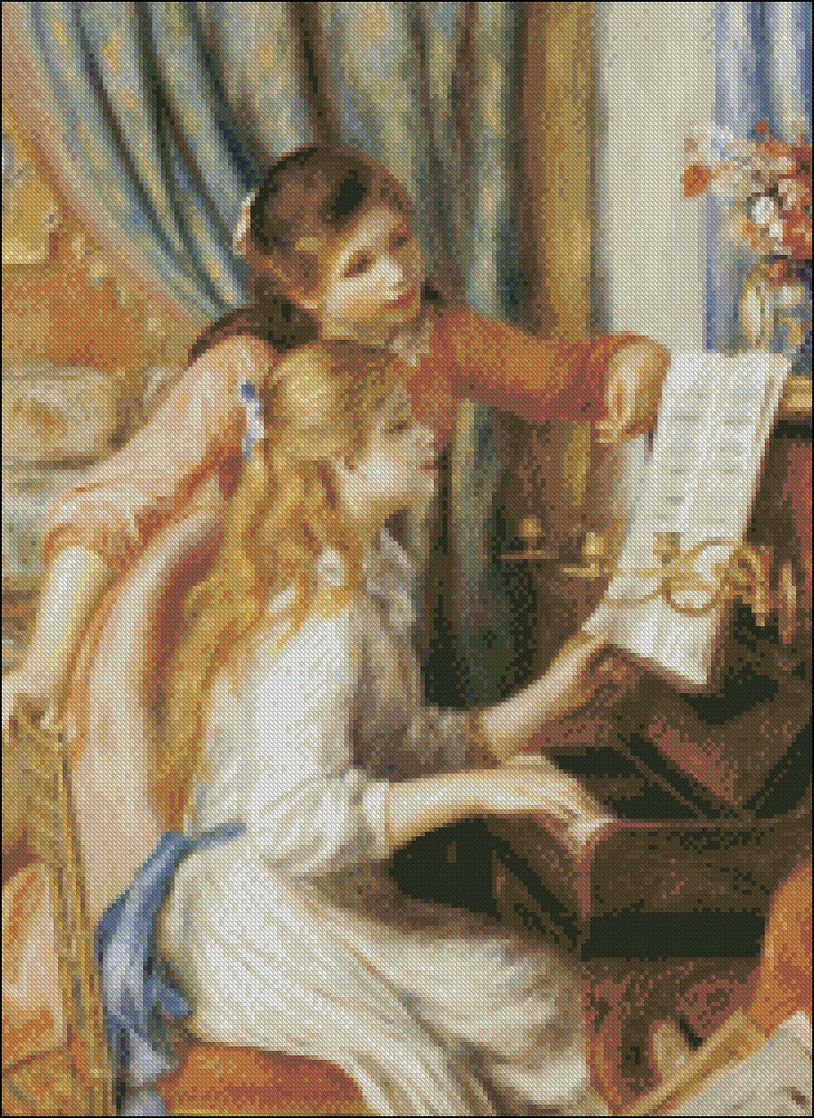 Girls at the Piano - Counted Cross Stitch Patterns Embroidery Crafts Needlework DIY Chart DMC Color