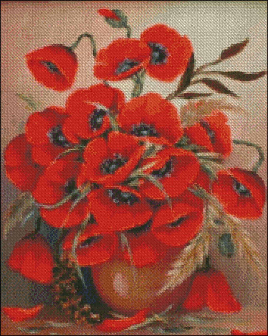 Red Poppies in Neutral Vase - Counted Cross Stitch Patterns Embroidery Crafts Needlework DIY Chart DMC Color