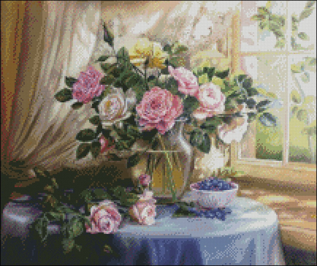 Still life with Roses III - Counted Cross Stitch Patterns Embroidery Crafts Needlework DIY Chart DMC Color