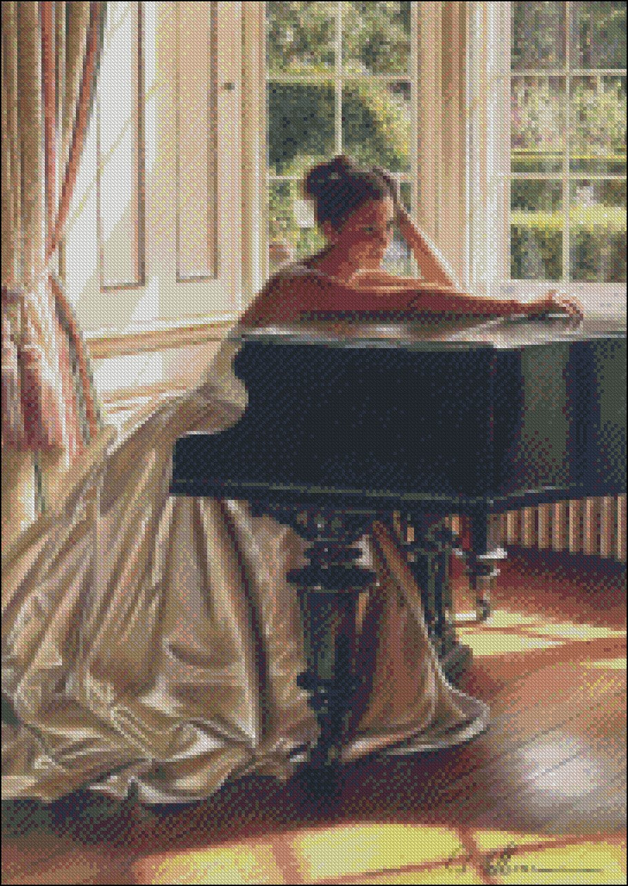 Piano and Gorgeous Dress 7 - Counted Cross Stitch Patterns Embroidery Crafts Needlework DIY Chart DMC Color