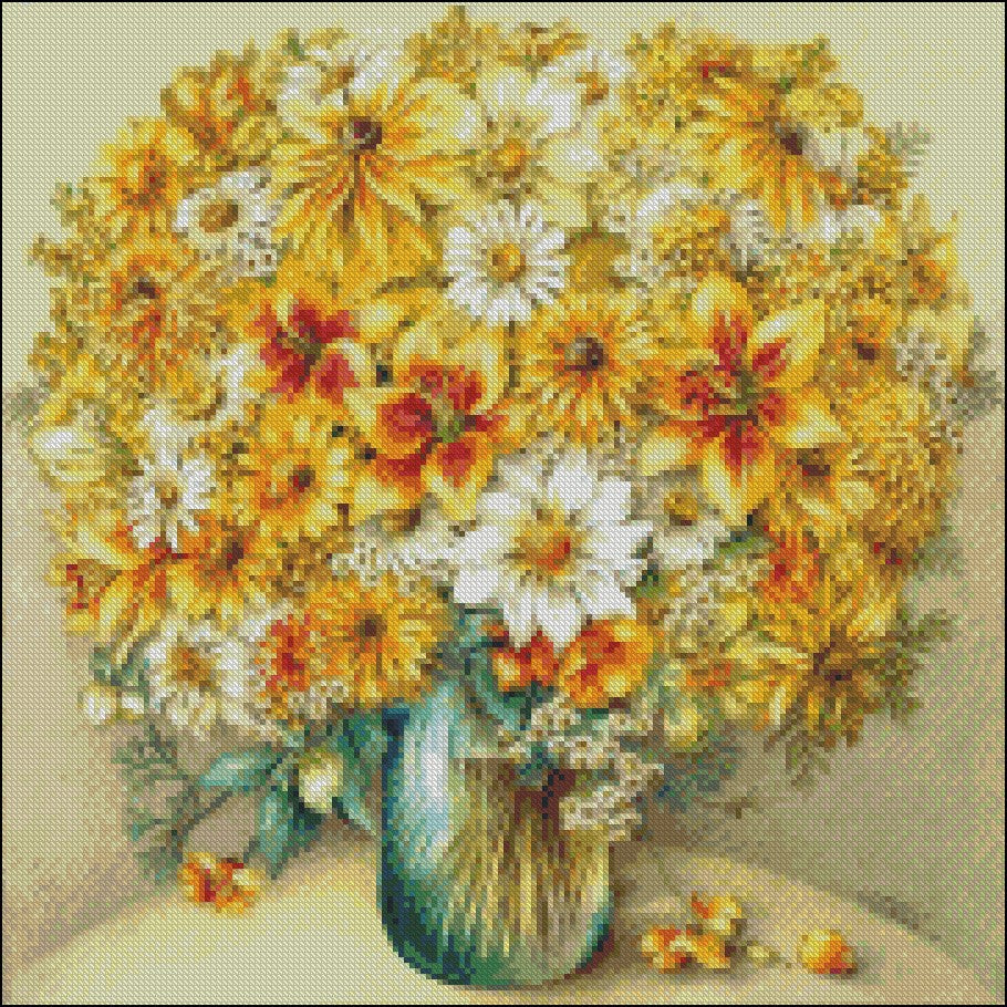 Blooming Flowers in Vase II - Counted Cross Stitch Patterns Embroidery Crafts Needlework DIY Chart DMC Color