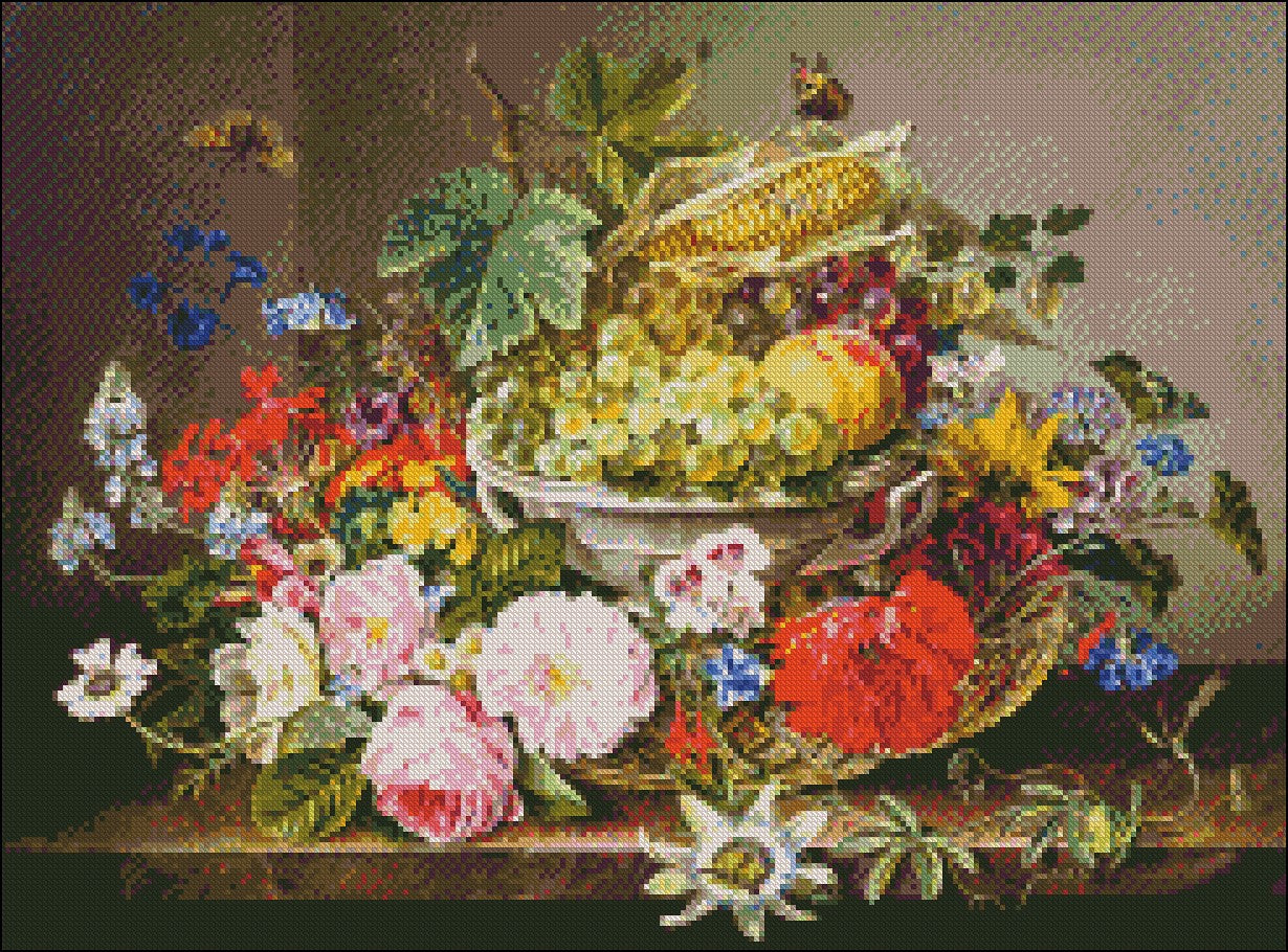 Still Life with Flowers and Fruit Basket - Counted Cross Stitch Patterns Embroidery Crafts Needlework DIY Chart DMC Color