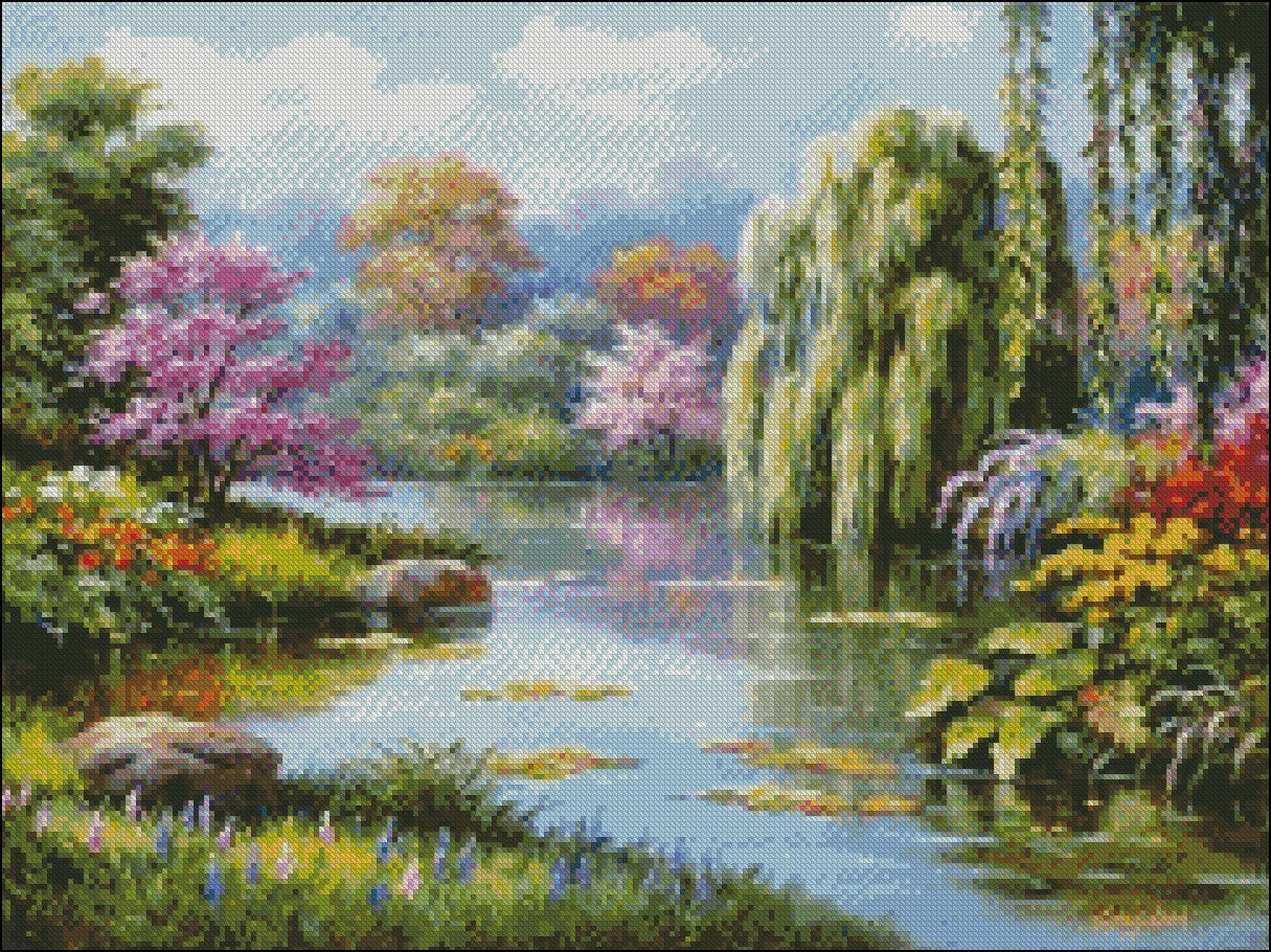 Spring Park - Counted Cross Stitch Patterns Embroidery Crafts Needlework DIY Chart DMC Color