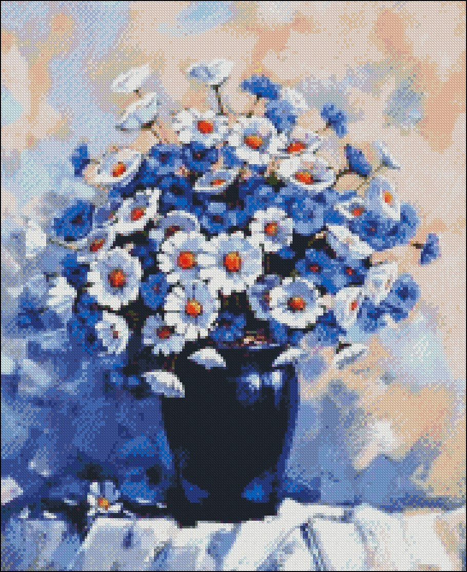 Chrysanthemum in Blue Vase - Counted Cross Stitch Patterns Embroidery Crafts Needlework DIY Chart DMC Color