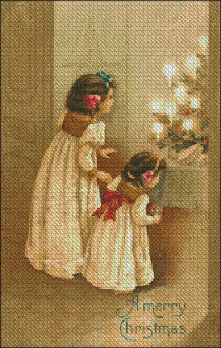 Victorian Christmas Girls 1 - Counted Cross Stitch Patterns Embroidery Crafts Needlework DIY Chart DMC Color