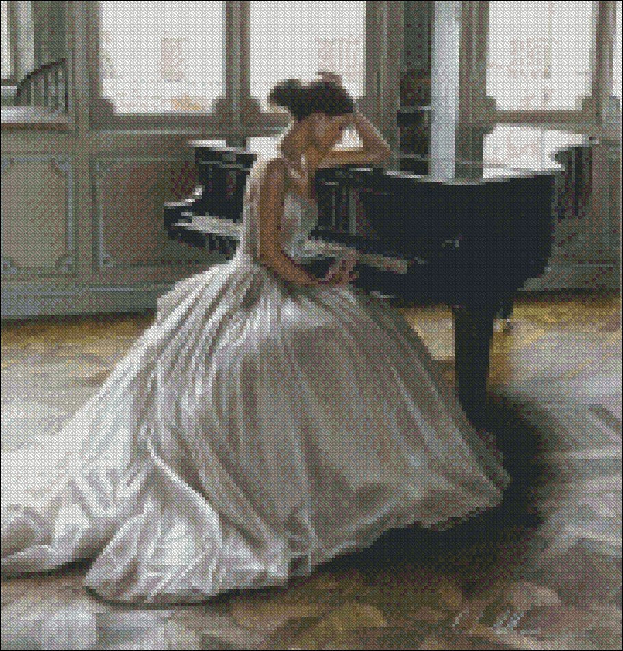 Piano and Gorgeous Dress 16 - Counted Cross Stitch Patterns Embroidery Crafts Needlework DIY Chart DMC Color