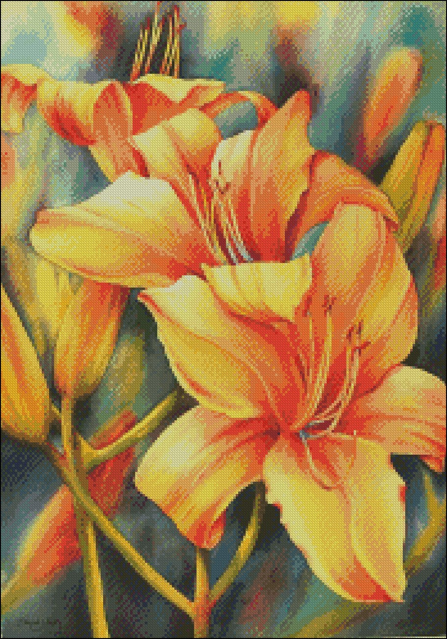 Day Lilies - Counted Cross Stitch Patterns Embroidery Crafts Needlework DIY Chart DMC Color