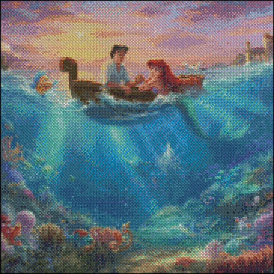 Little Mermaid Falling in Love - Counted Cross Stitch Patterns Embroidery Crafts Needlework DIY Chart DMC Color