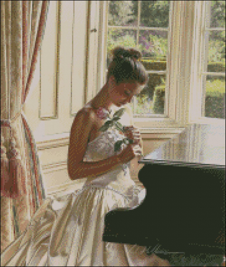 Piano and Gorgeous Dress 1 - Counted Cross Stitch Patterns Embroidery Crafts Needlework DIY Chart DMC Color