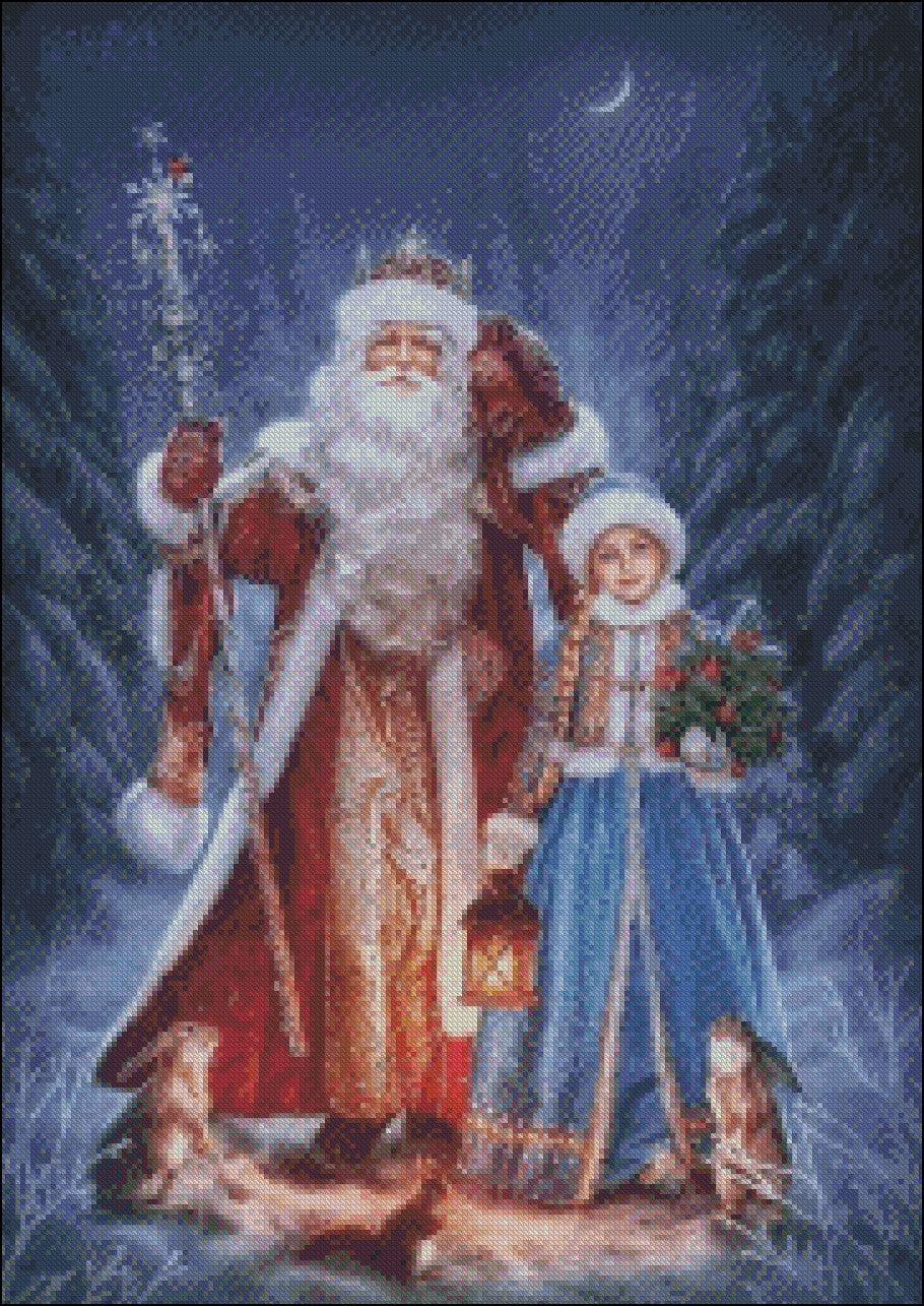 Santa Claus with Girl - Counted Cross Stitch Patterns Embroidery Crafts Needlework DIY Chart DMC Color