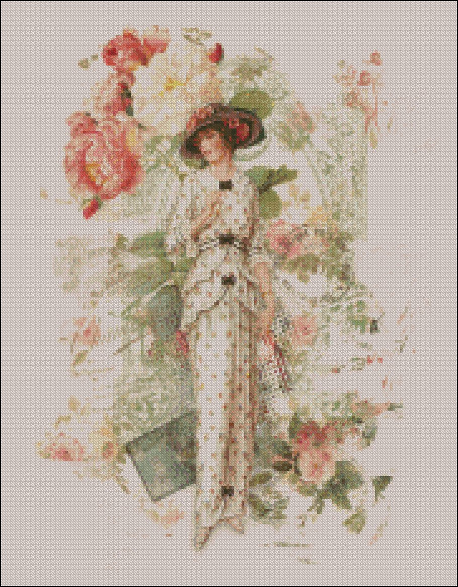 Victorian Pink Lady 5 - Counted Cross Stitch Patterns Embroidery Crafts Needlework DIY Chart DMC Color