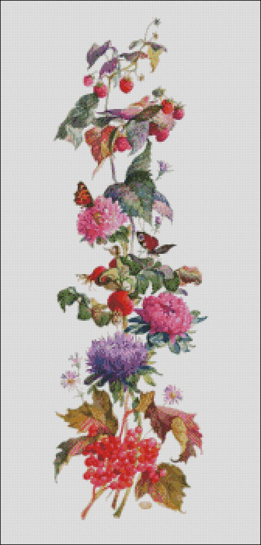 Flowers Vertical Banner 5 - Counted Cross Stitch Patterns Embroidery Crafts Needlework DIY Chart DMC Color