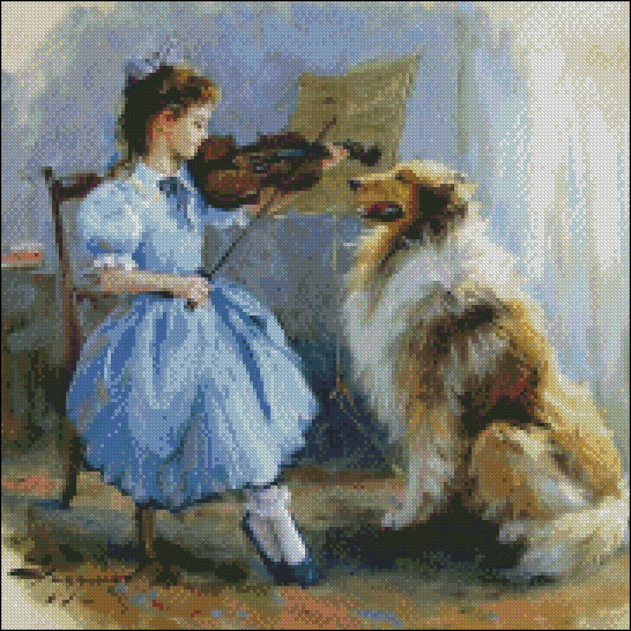 Girl Playing Music - Counted Cross Stitch Patterns Embroidery Crafts Needlework DIY Chart DMC Color