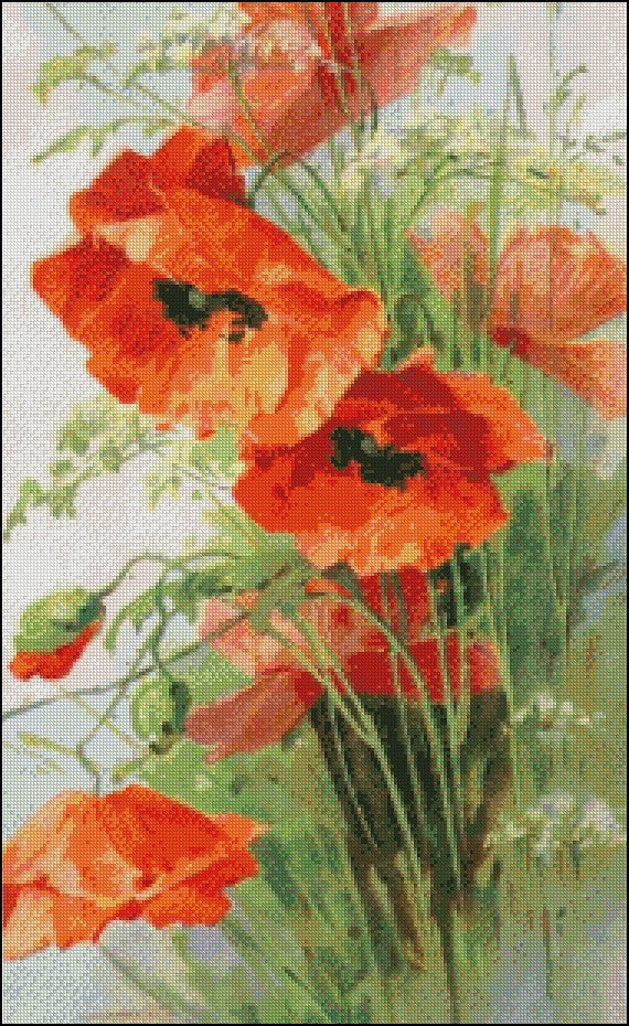 Poppies - Counted Cross Stitch Patterns Embroidery Crafts Needlework DIY Chart DMC Color