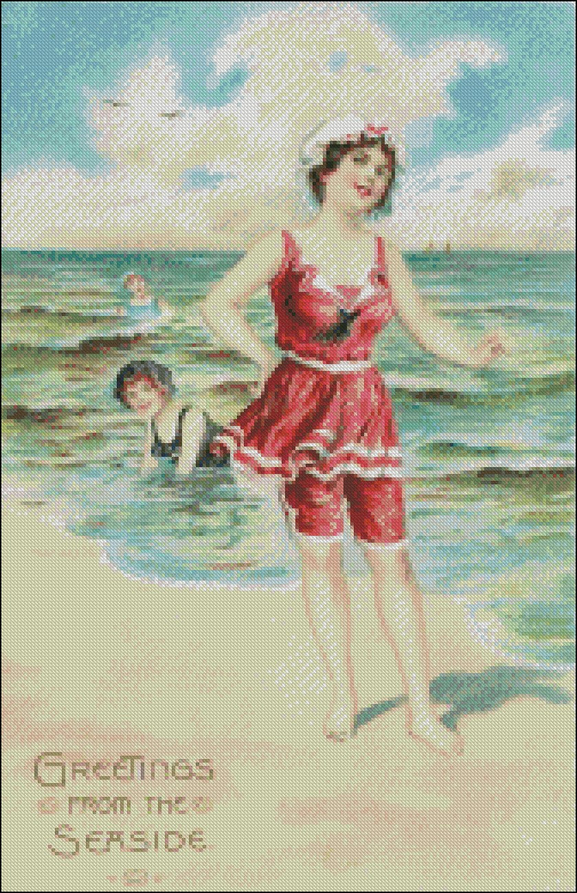 Woman on Beach - Counted Cross Stitch Patterns Embroidery Crafts Needlework DIY Chart DMC Color