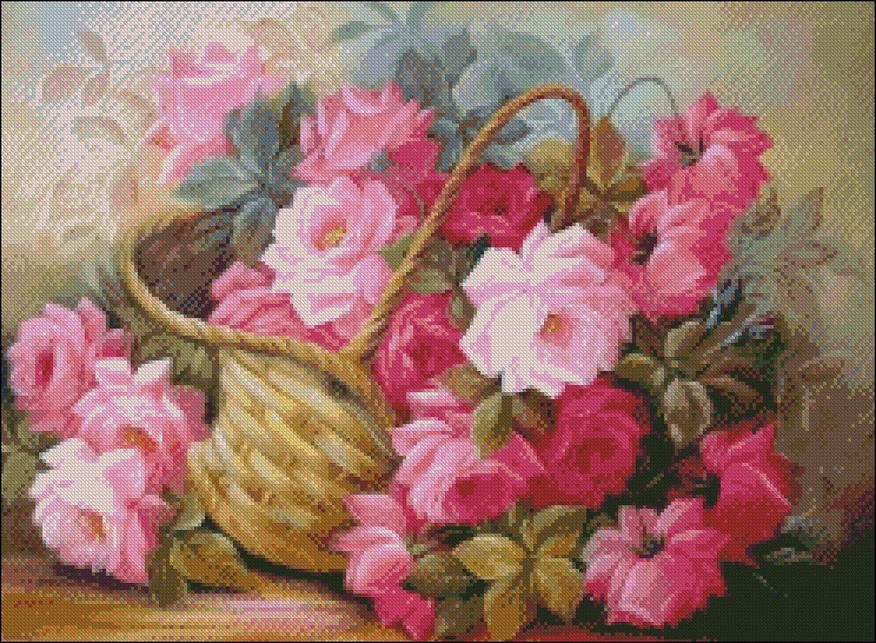 Basket of Pink Roses - Counted Cross Stitch Patterns Embroidery Crafts Needlework DIY Chart DMC Color