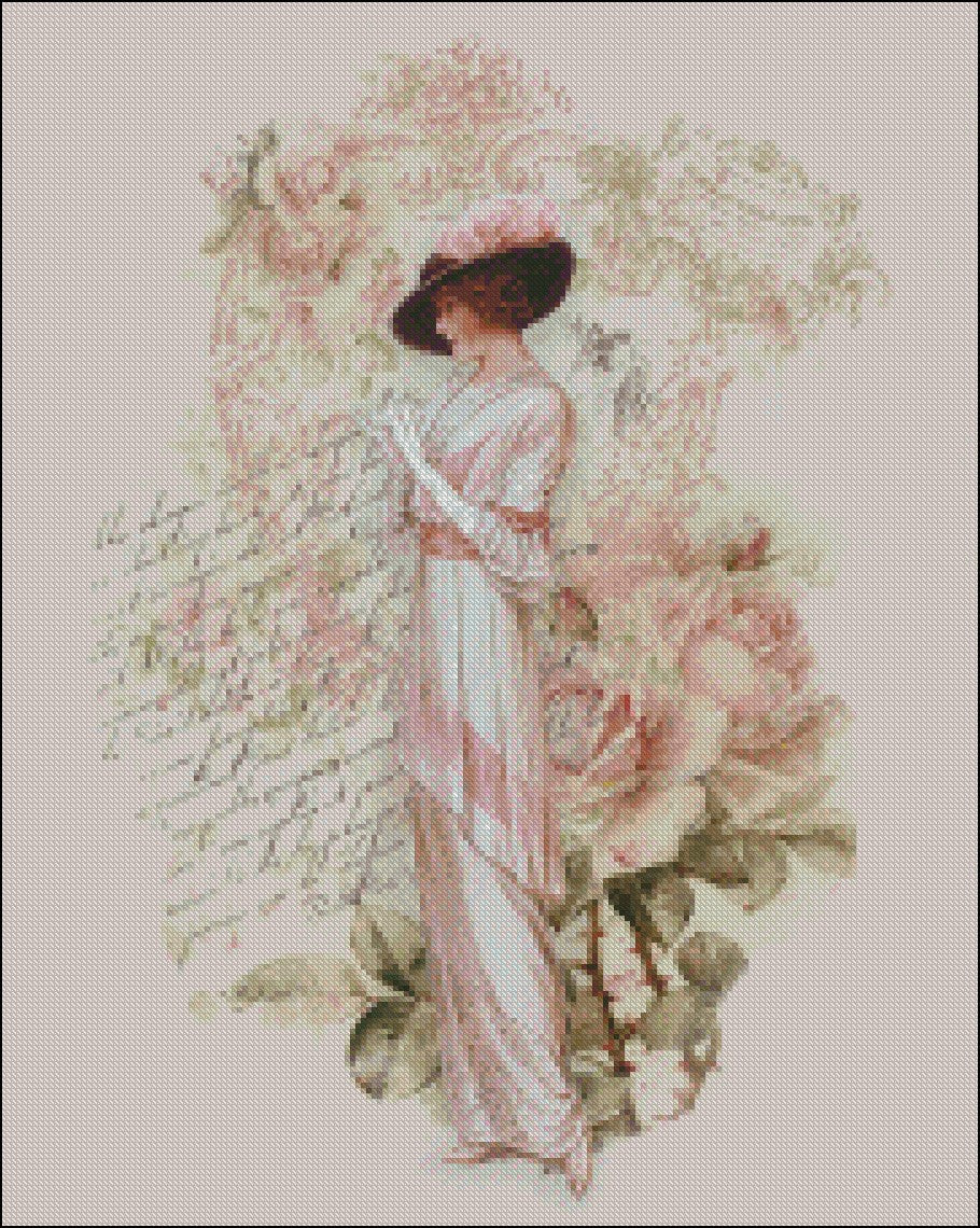 Victorian Pink Lady 6 - Counted Cross Stitch Patterns Embroidery Crafts Needlework DIY Chart DMC Color