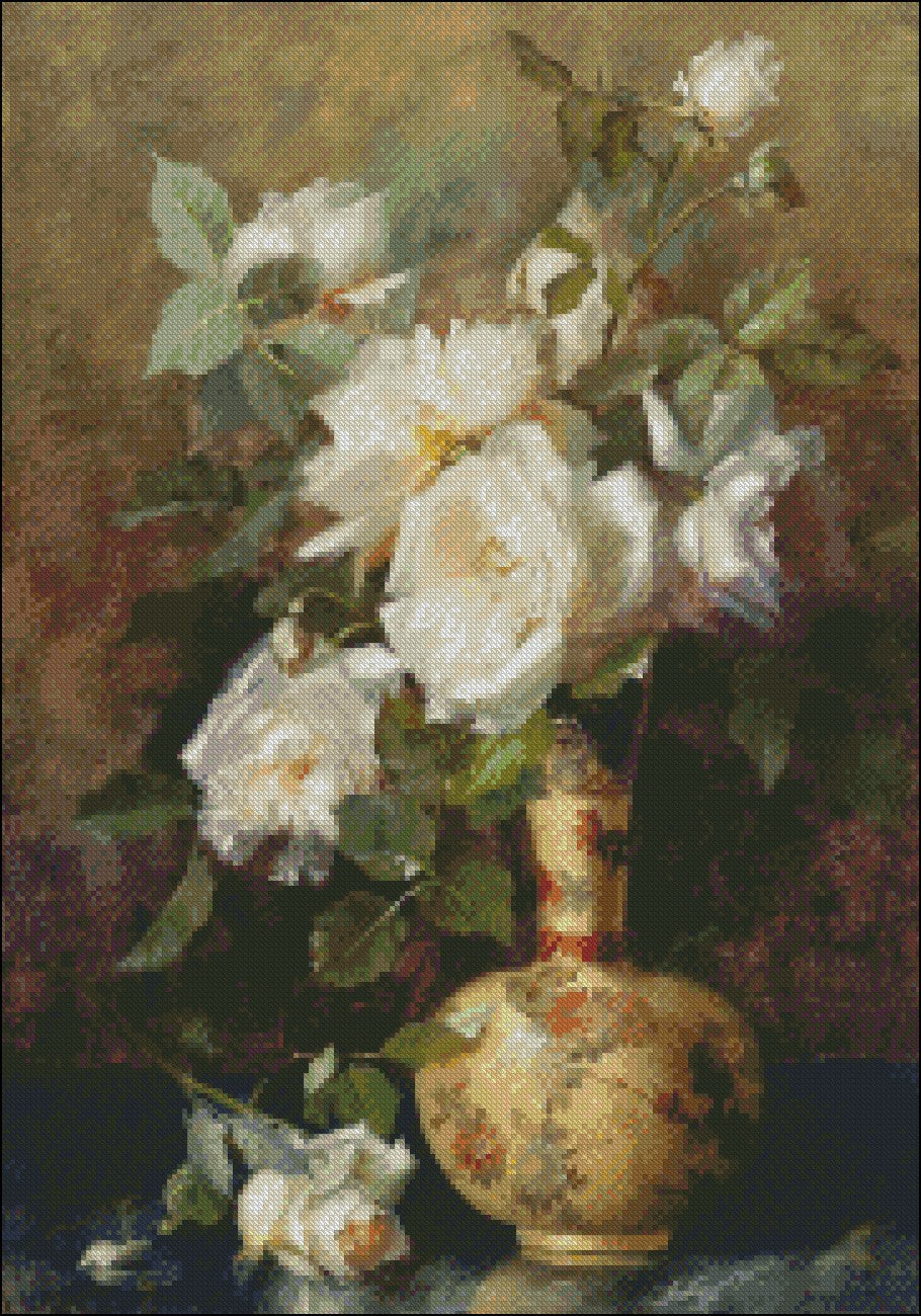 White Roses in a Vase - Counted Cross Stitch Patterns Embroidery Crafts Needlework DIY Chart DMC Color