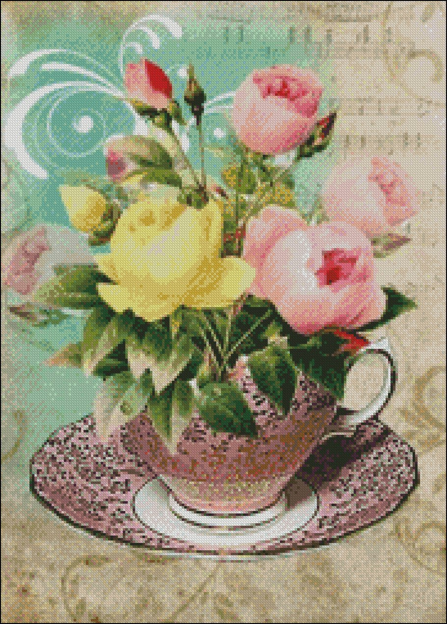 Cup Flower 4 - Counted Cross Stitch Patterns Embroidery Crafts Needlework DIY Chart DMC Color