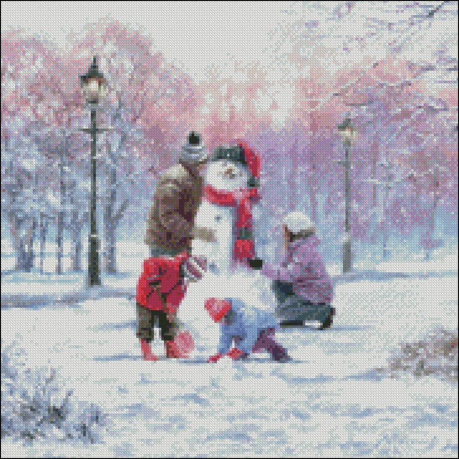 Family Snowman - Counted Cross Stitch Patterns Embroidery Crafts Needlework DIY Chart DMC Color