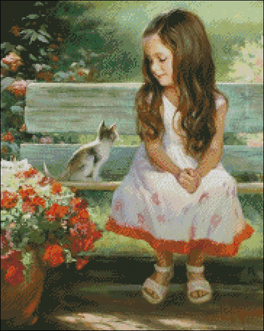 Girl and Kitty - Counted Cross Stitch Patterns Embroidery Crafts Needlework DIY Chart DMC Color