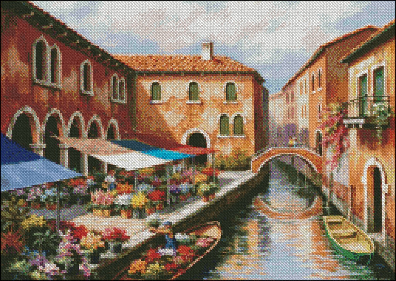 Flower Market on the Canal - Counted Cross Stitch Patterns Embroidery Crafts Needlework DIY Chart DMC Color