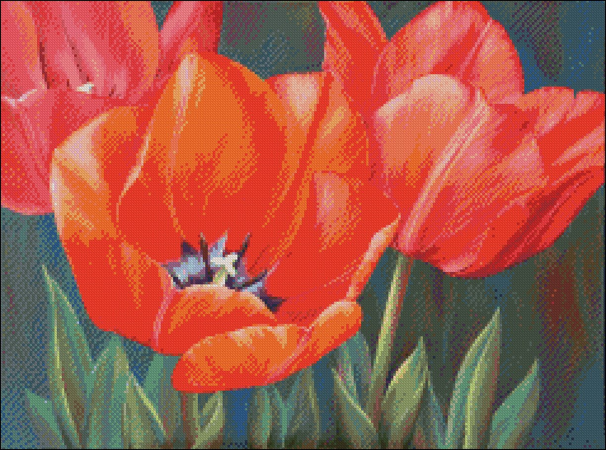 Red Tulips - Counted Cross Stitch Patterns Embroidery Crafts Needlework DIY Chart DMC Color