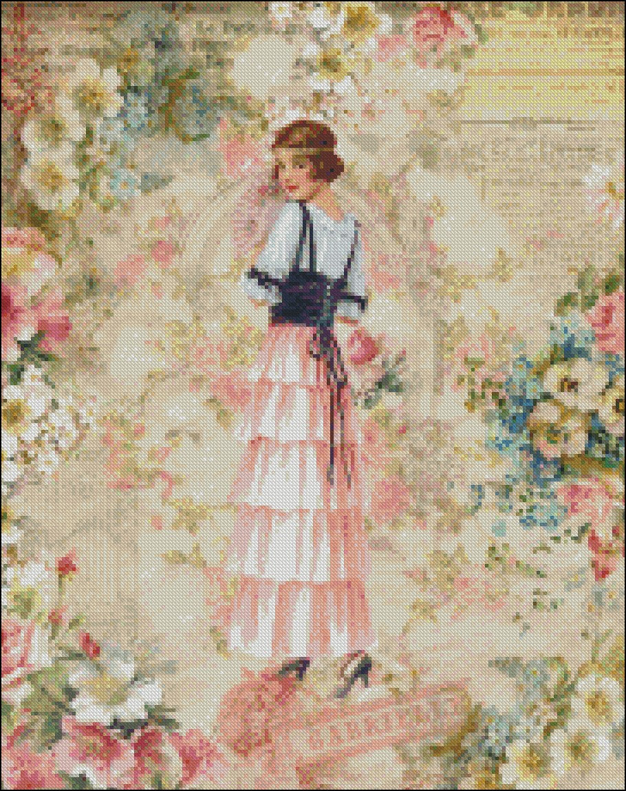 Victorian Pink Lady 4 - Counted Cross Stitch Patterns Embroidery Crafts Needlework DIY Chart DMC Color