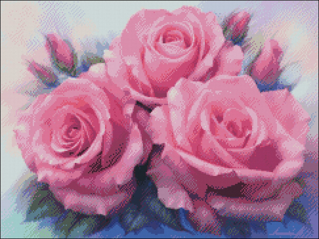 Pink Roses - Counted Cross Stitch Patterns Embroidery Crafts Needlework DIY Chart DMC Color