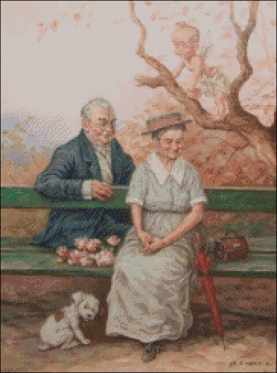 Elderly Couple 4 - Counted Cross Stitch Patterns Embroidery Crafts Needlework DIY Chart DMC Color