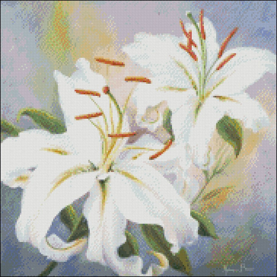 White Lilies - Counted Cross Stitch Patterns Embroidery Crafts Needlework DIY Chart DMC Color