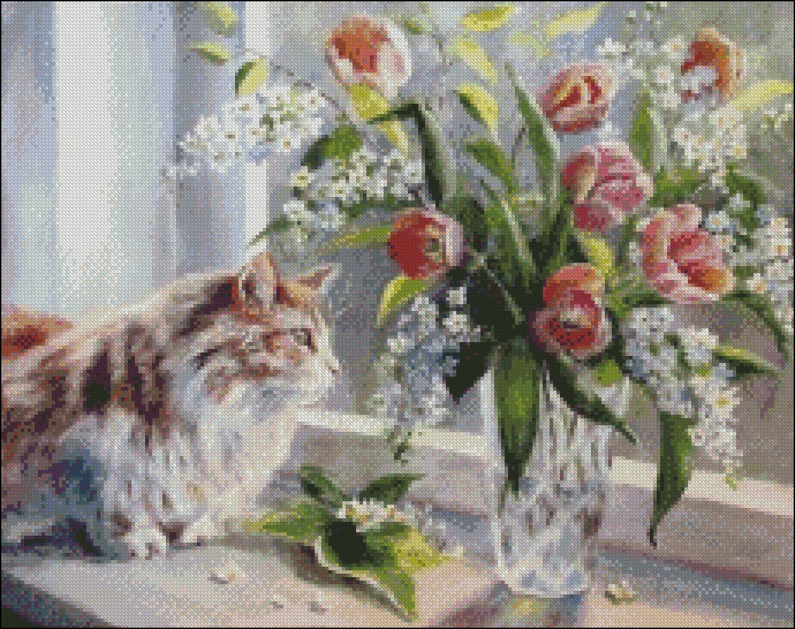 Flowers in Vase 5 - Counted Cross Stitch Patterns Embroidery Crafts Needlework DIY Chart DMC Color